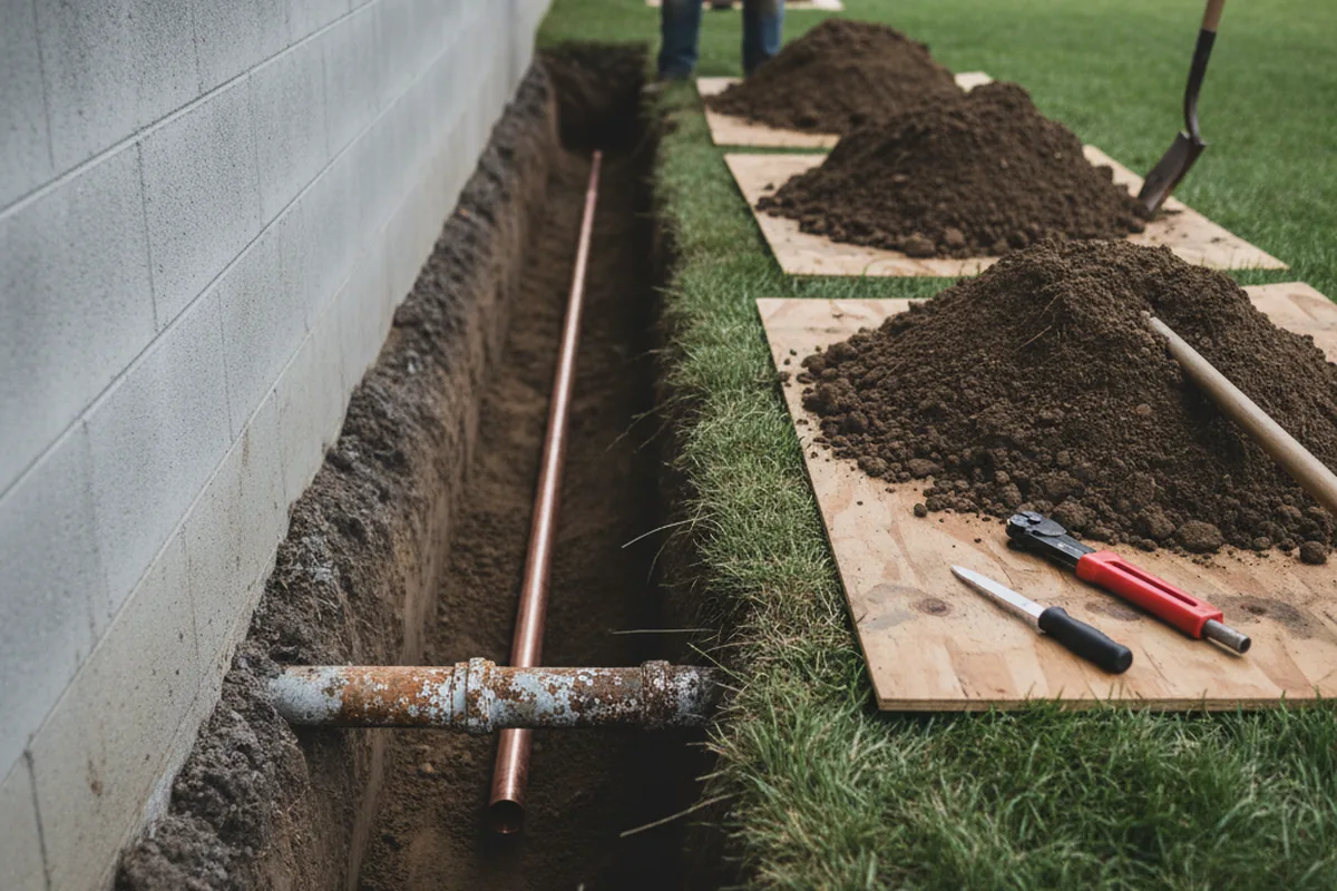 Excavated water line trench during Water Softener Installation in Sandwich